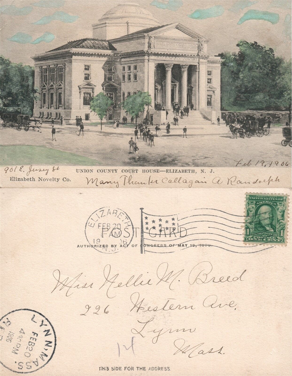 ELIZABETH N.J. UNION COUNTY COURT HOUSE 1906 UNDIVIDED ANTIQUE POSTCARD