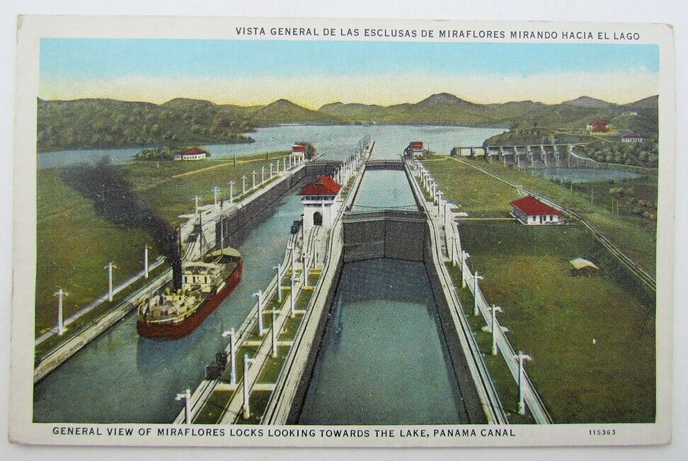 VINTAGE POSTCARD - MIRAFLORES LOCKS LOOKING TOWARDS THE LAKE PANAMA CANAL