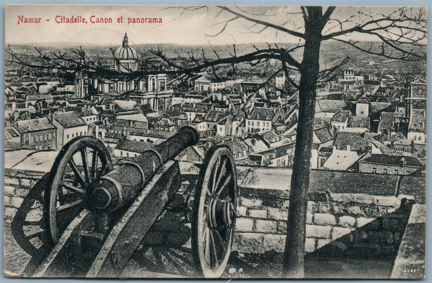GERMAN WWI FELDPOST 1915 ANTIQUE POSTCARD PANORAMA w/ CANNON NAMUR FRANCE