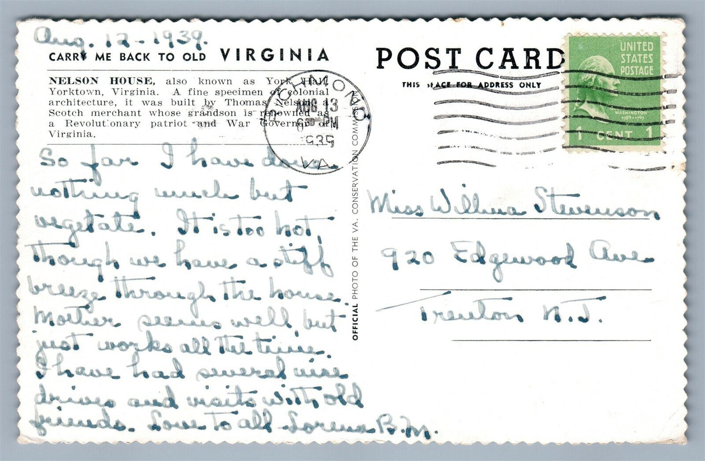 YORKTOWN VA NELSON HOUSE VINTAGE POSTCARD