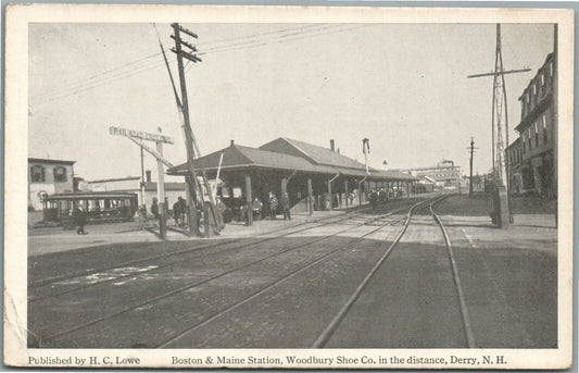 DERRY NH RAILROAD STATION RAILWAY DEPOT WOODBURY SHOE CO. ANTIQUE POSTCARD
