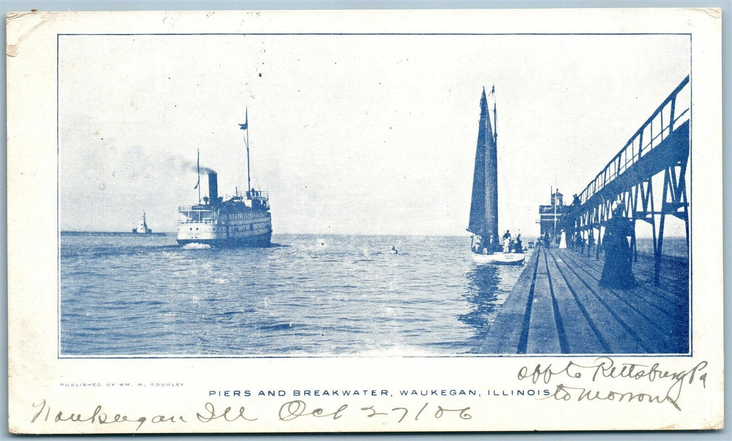 WAUKEGAN ILL PIERS & BREAKWATER ANTIQUE POSTCARD