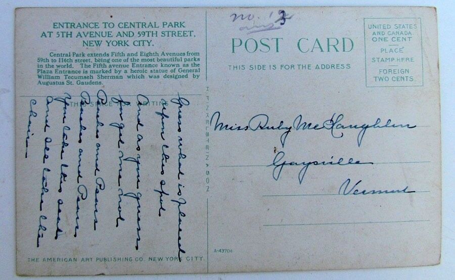 VINTAGE POSTCARD CENTRAL PARK 5th AVE. & 59th STR. NEW YORK CITY car automobile
