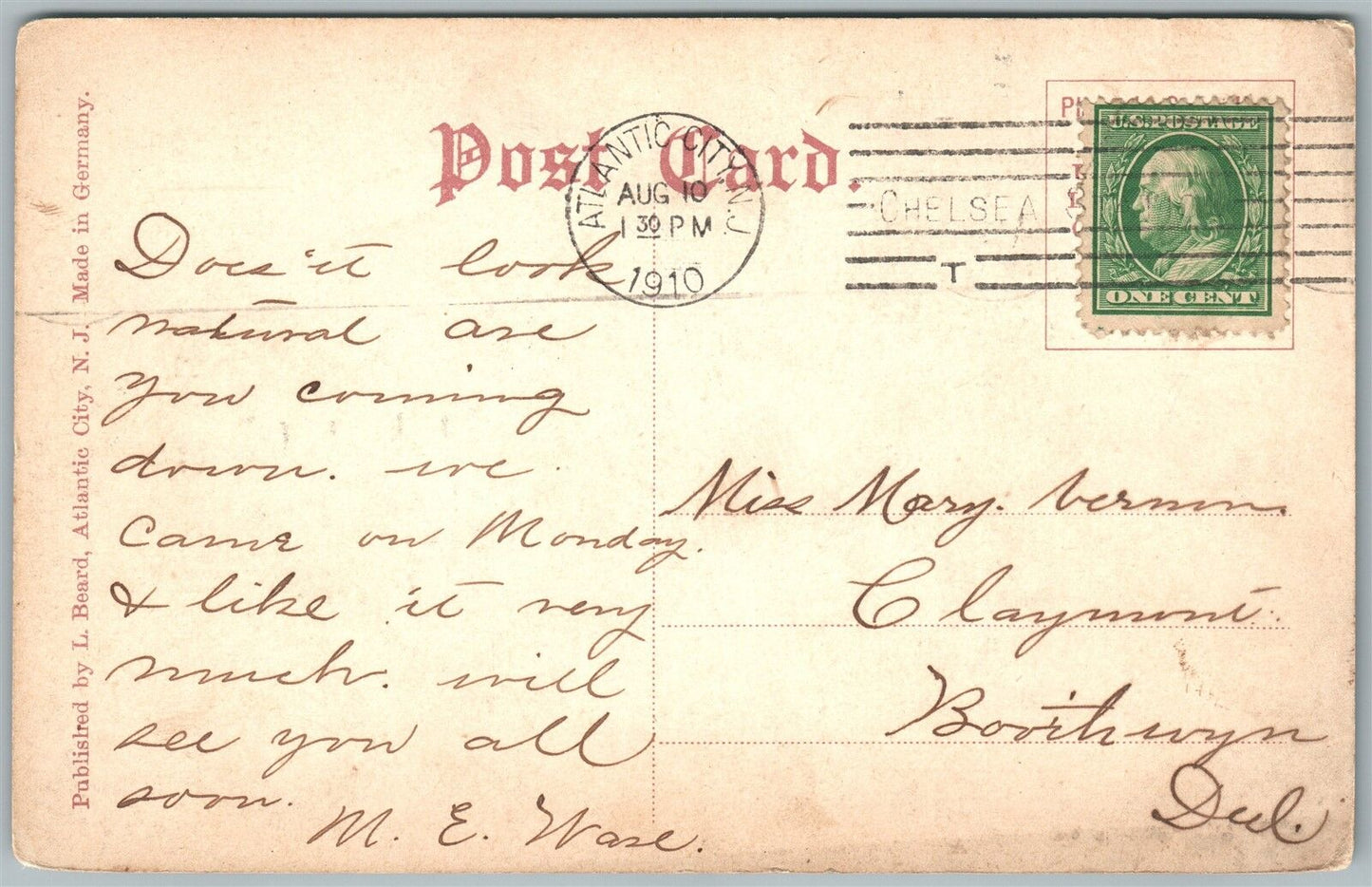 ATLANTIC CITY NJ HOTEL TRAYMORE 1910 ANTIQUE POSTCARD