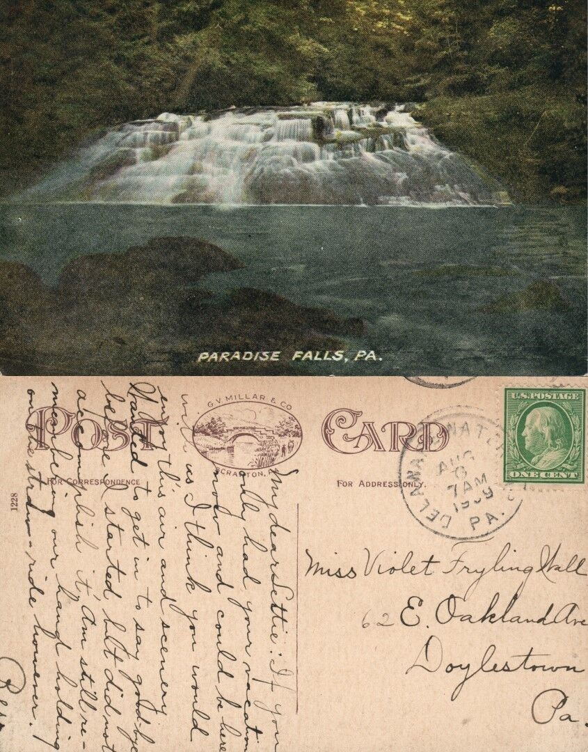 PARADISE FALLS PA 1909 ANTIQUE POSTCARD