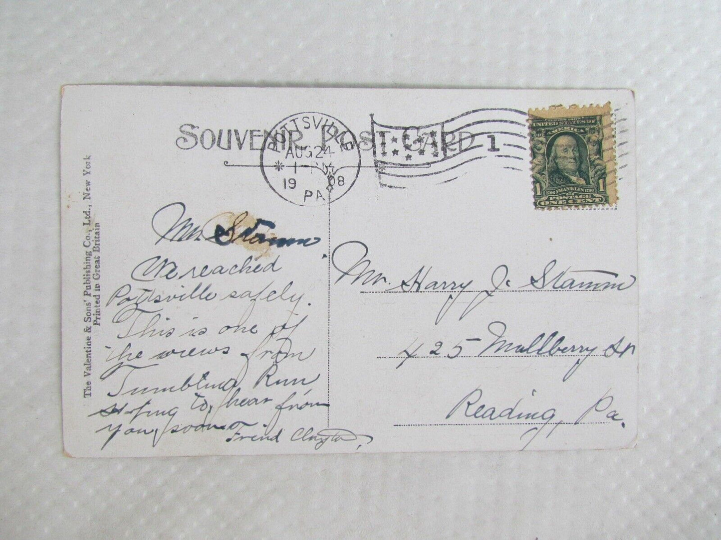 POTTSVILLE PA ON THE LAKE TUMBLING RUN ANTIQUE 1908 POSTCARD