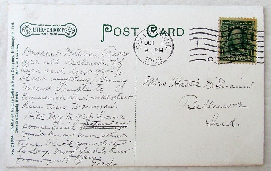 EAST WASHINGTON STREET SULLIVAN INDIANA 1908 ANTIQUE POSTCARD