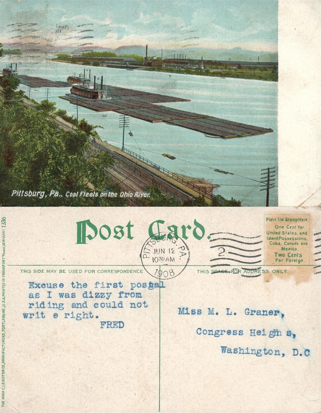 PITTSBURG PA COAL FLEETS ON OHIO RIVER 1908 ANTIQUE POSTCARD