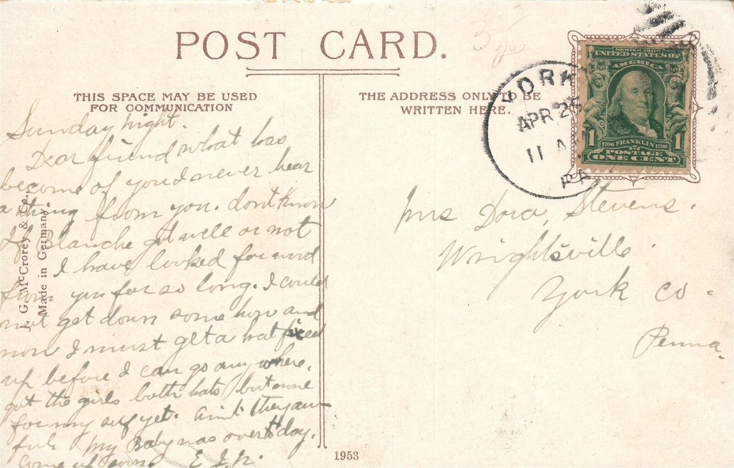 YORK PA CHRIST LUTHERAN CHURCH ANTIQUE POSTCARD CORK CANCEL