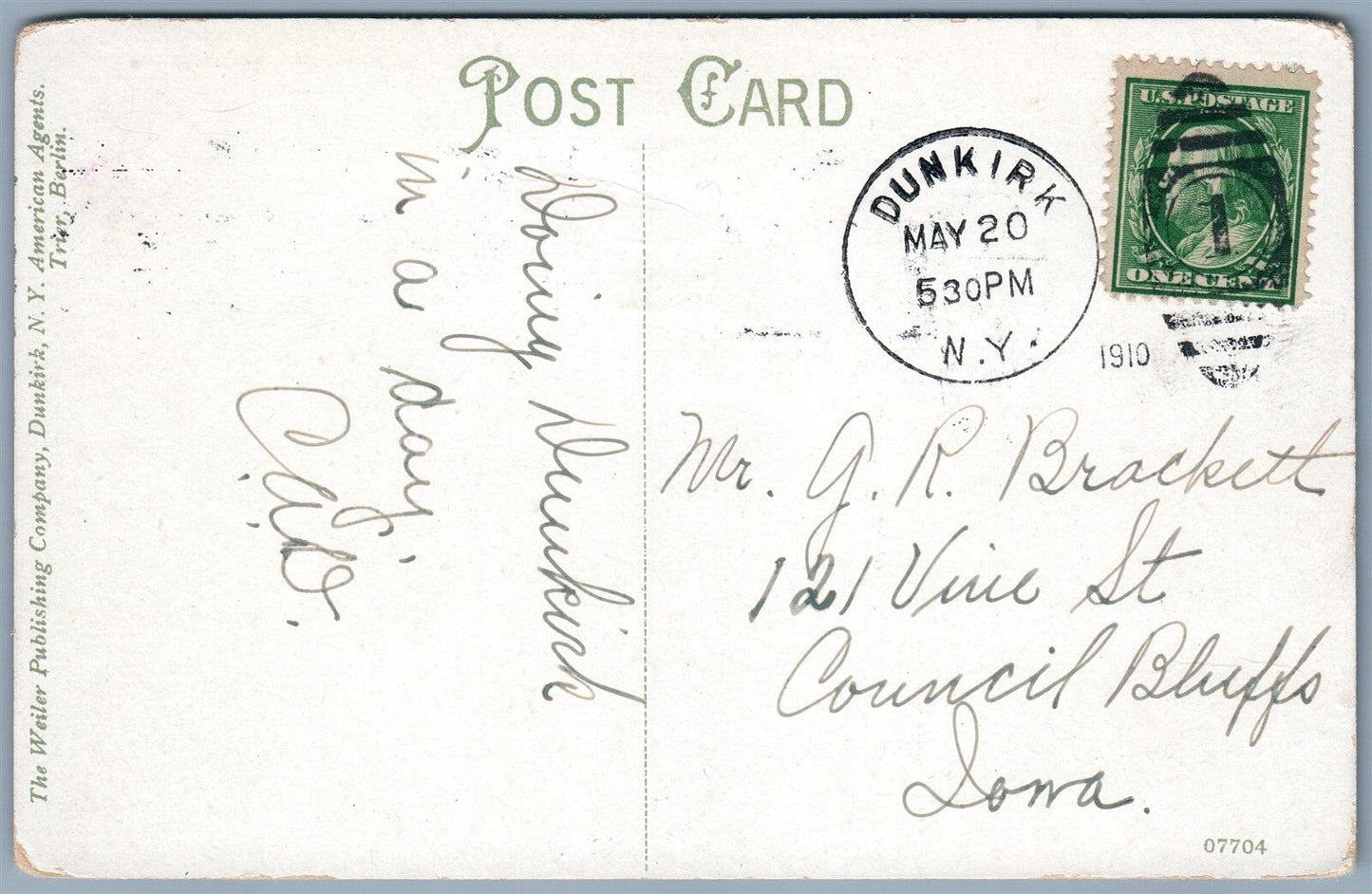 DUNKIRK NY CENTRAL AVENUE 1910 ANTIQUE POSTCARD w/ CORK CANCEL