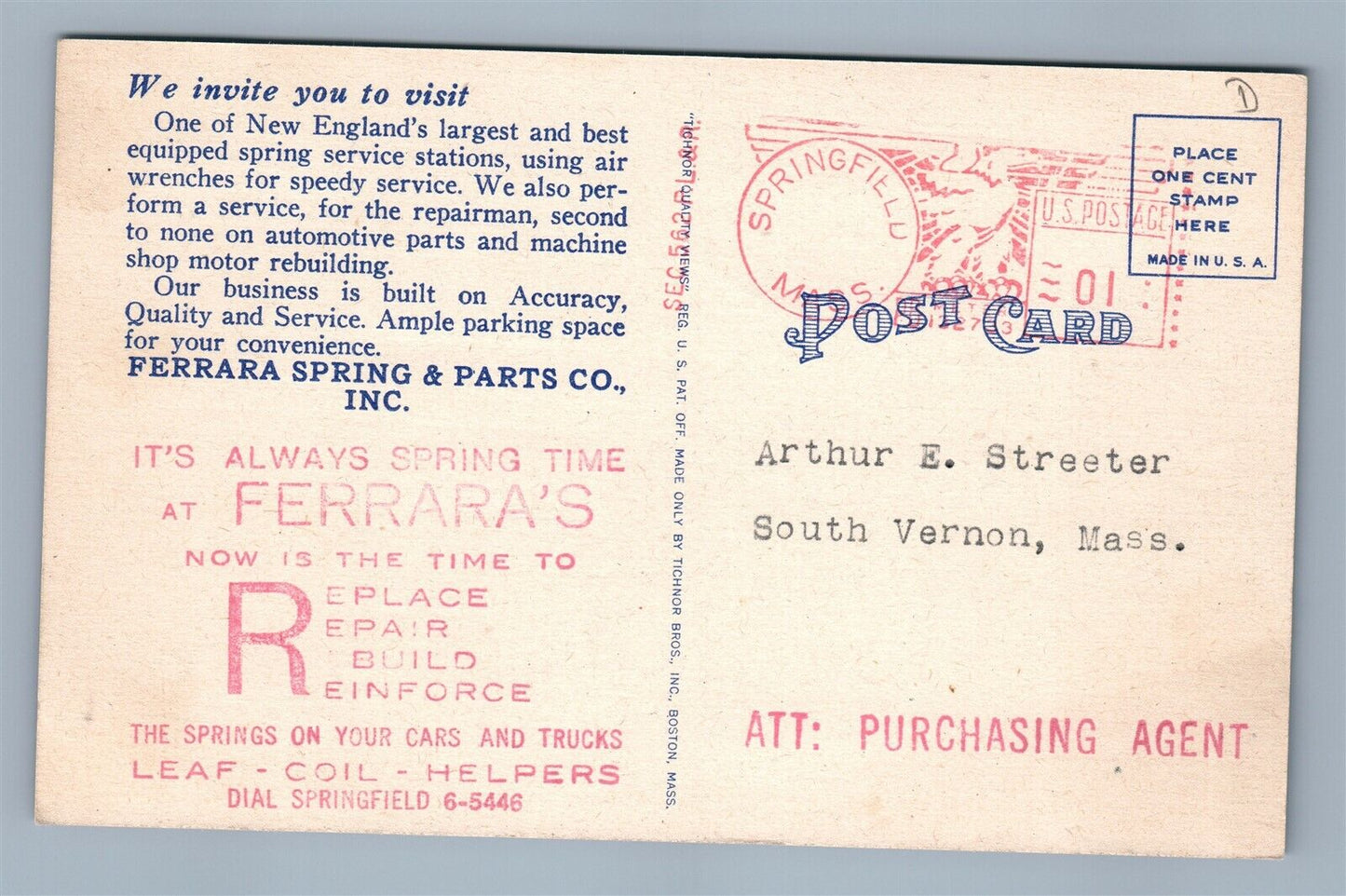 SPRINGFIELD MA FERRARA AUTO SPRING SERVICE ADVERTISING VINTAGE POSTCARD
