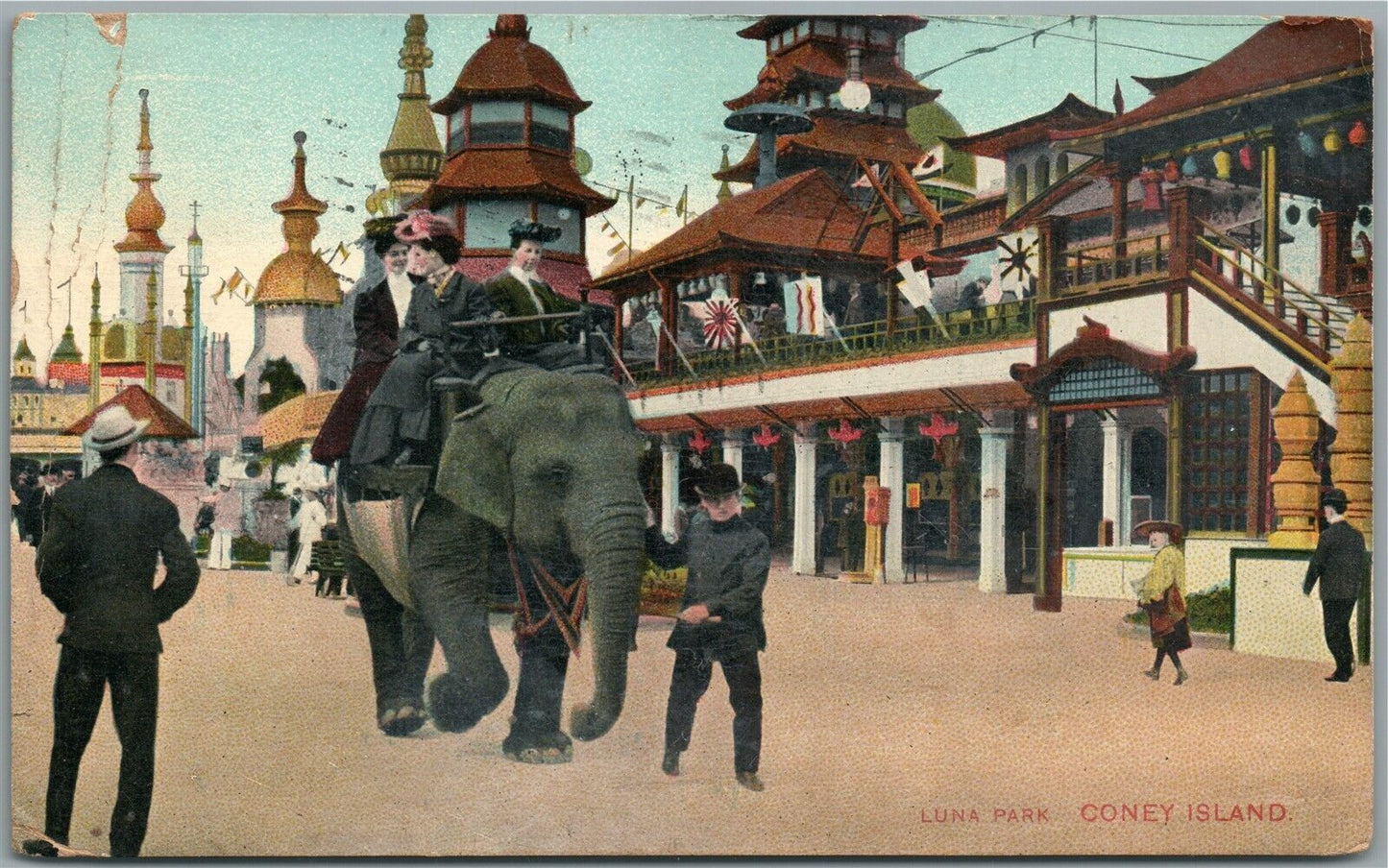BROOKLYN NY CONEY ISLAND LUNA PARK ELEPHANT RIDE ANTIQUE POSTCARD