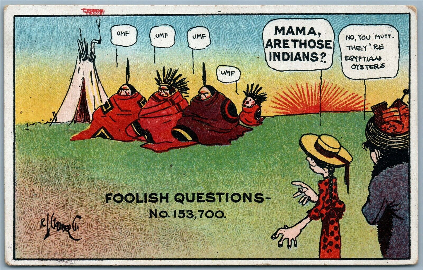 MAMA ARE THOSE INDIANS? FOOLISH QUESTIONS COMIC ANTIQUE POSTCARD CORK CANCEL