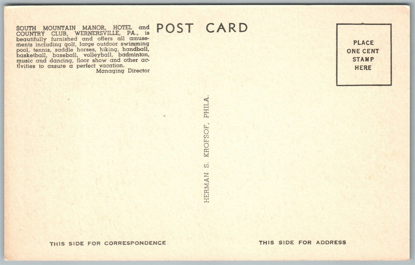 WERNERSVILLE PA SOUTH MOUNTAIN MANOR HOTEL & COUNTRY CLUB VINTAGE POSTCARD