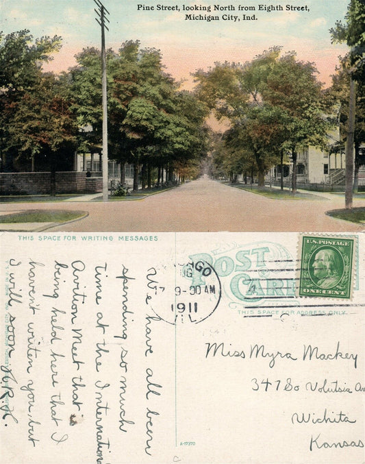 MICHIGAN CITY IN PINE STREET 1911 ANTIQUE POSTCARD
