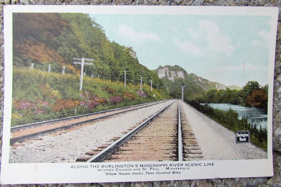 VINTAGE POSTCARD BURLINGTON'S MISSISSIPPI RIVER LINE railway railroad train