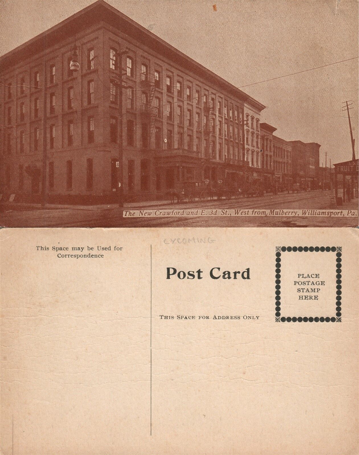 WILLIAMSPORT PA NEW CRAWFORD & E. 3rd STREET FROM MULBERRRY ANTIQUE POSTCARD