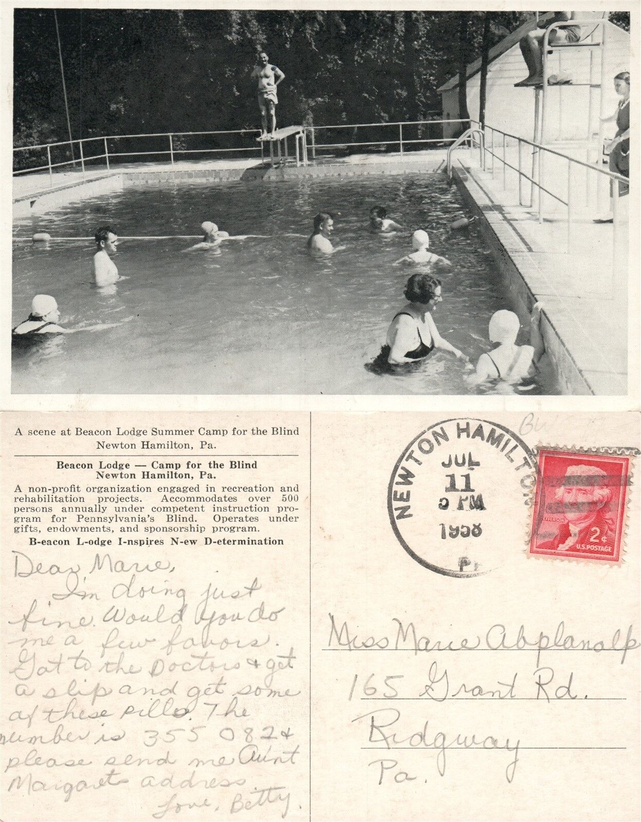 NEWTON HAMILTON PA BEACON LODGE CAMP FOR BLIND SWIMMING POOL VINTAGE POSTCARD