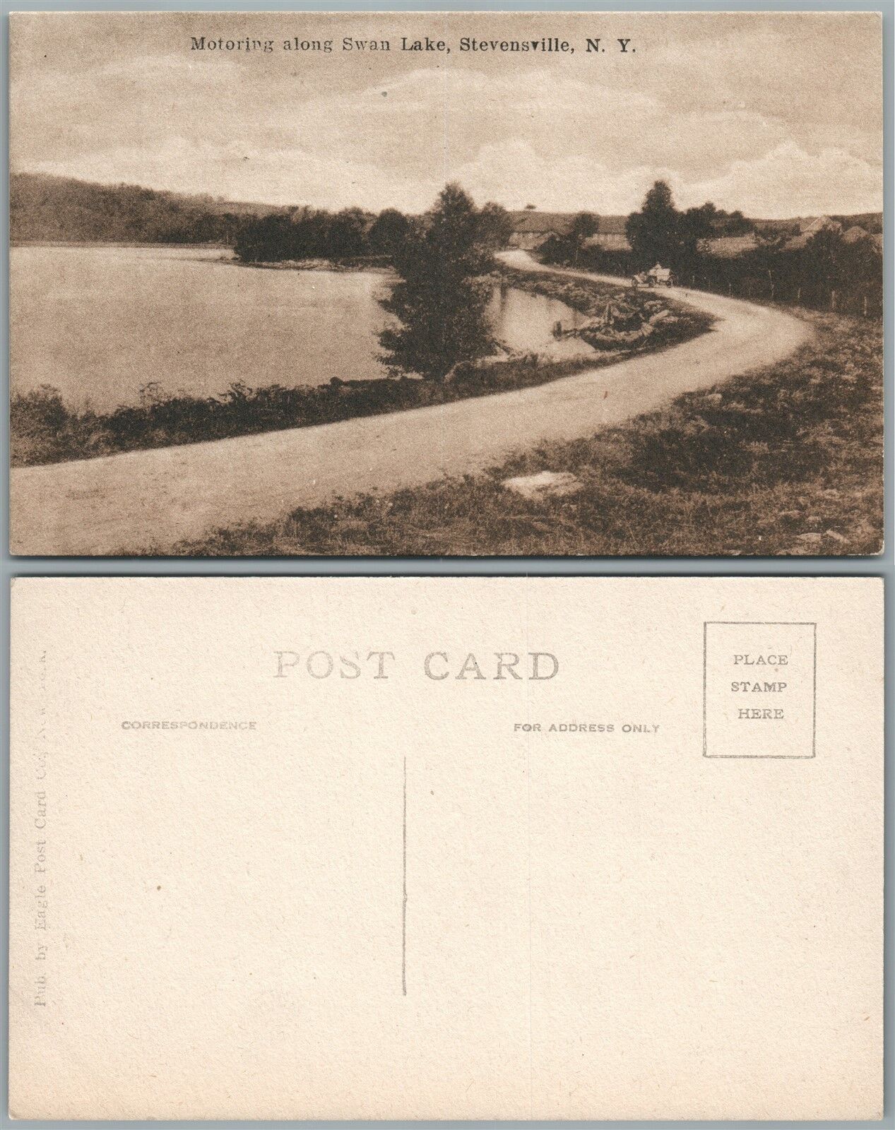 STEVENSVILLE N.Y. MOTORING ALONG SWAN LAKE ANTIQUE POSTCARD