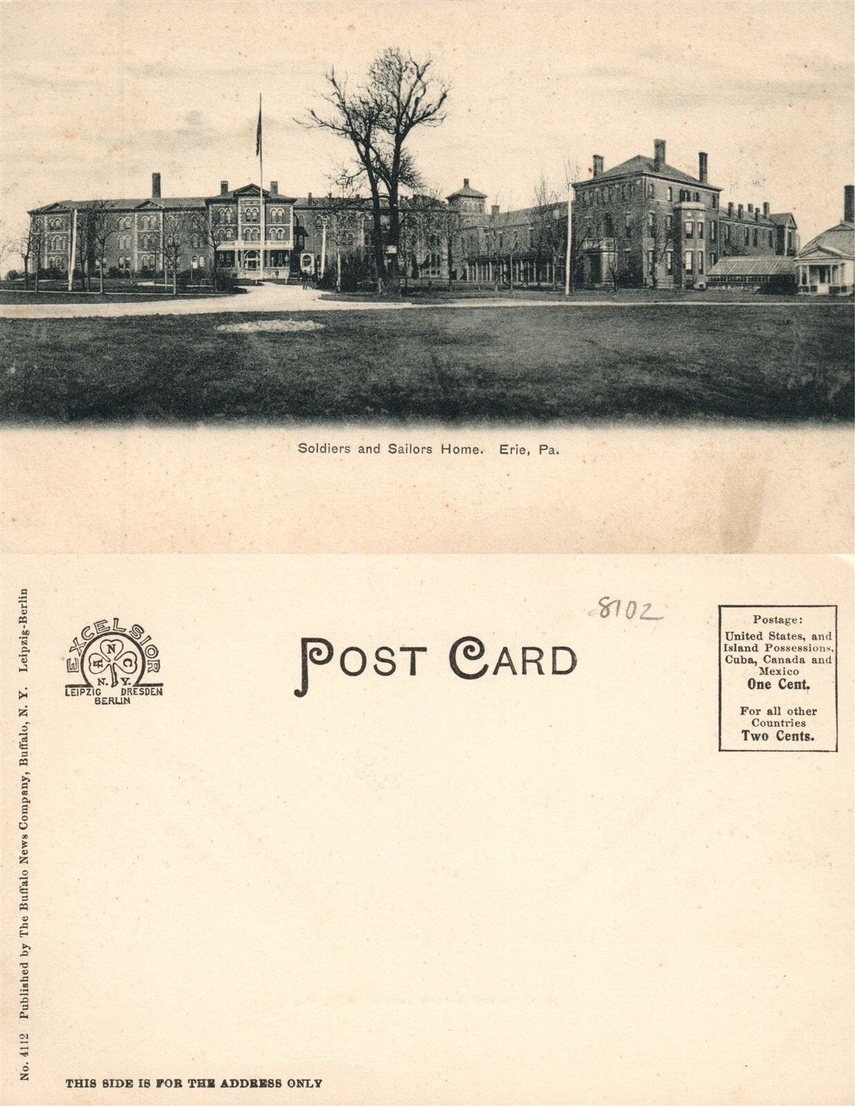 ERIE PA SOLDIERS & SAILORS HOME UNDIVIDED ANTIQUE POSTCARD