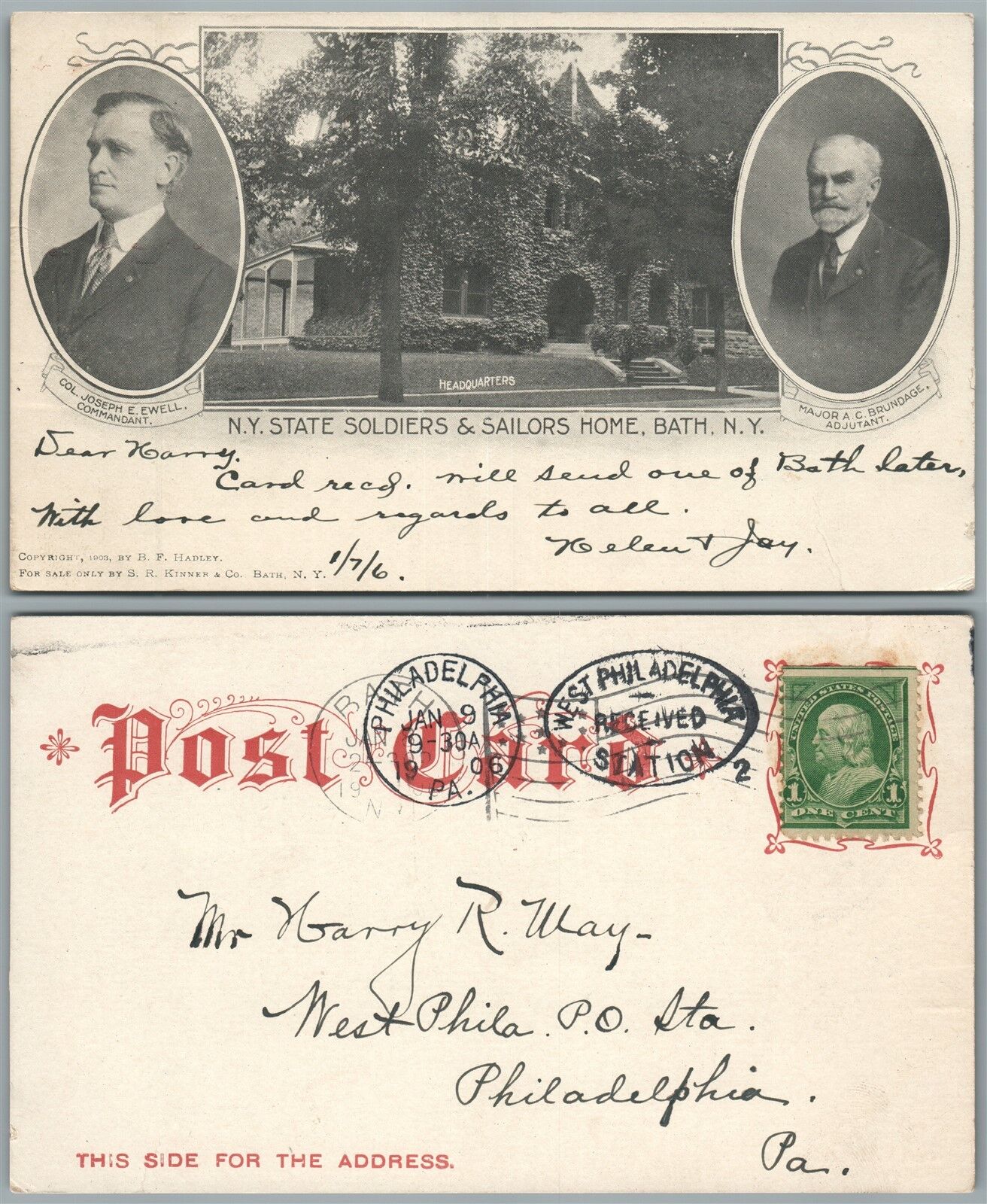 BATH N.Y. STATE SOLDIERS & SAILORS HOME UNDIVIDED 1906 ANTIQUE POSTCARD