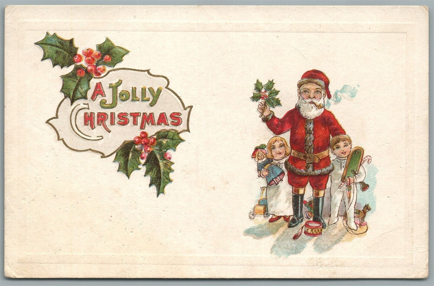 SANTA w/ KIDS JOLLY CHRISTMAS ANTIQUE POSTCARD