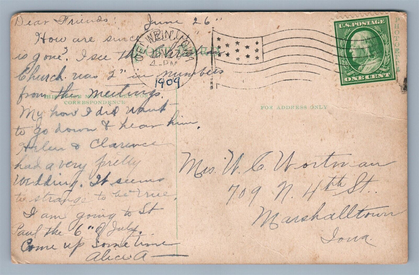 OELWEIN IA FIRST CHRISTIAN CHURCH 1909 ANTIQUE POSTCARD