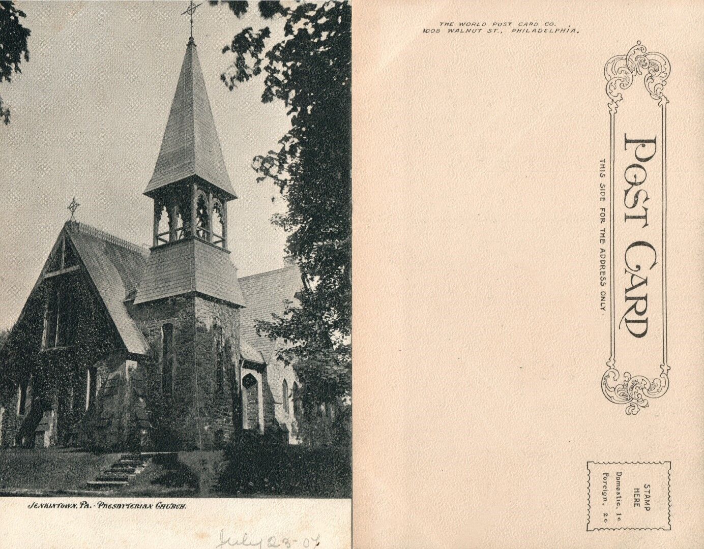 JENKINTOWN PA PRESBYTERIAN CHURCH UNDIVIDED ANTIQUE POSTCARD