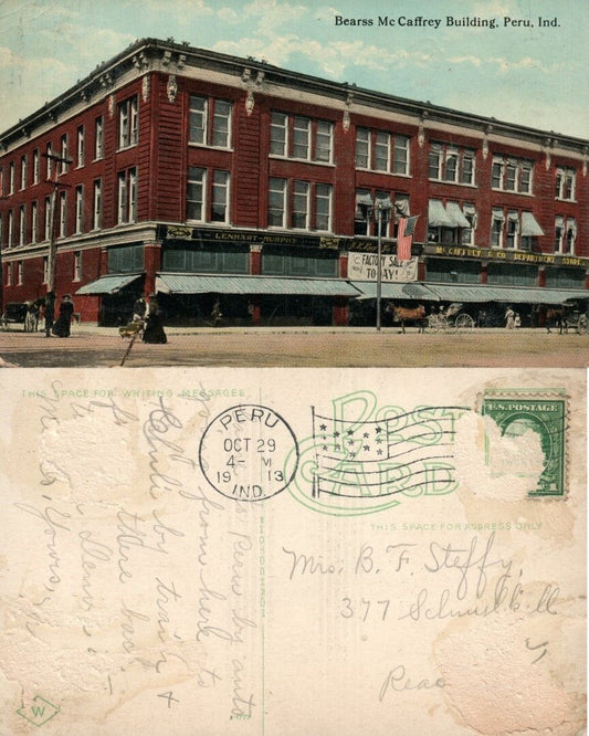 PERU INDIANA BEARSS Mc CAFFREY BUILDING ANTIQUE 1913 POSTCARD