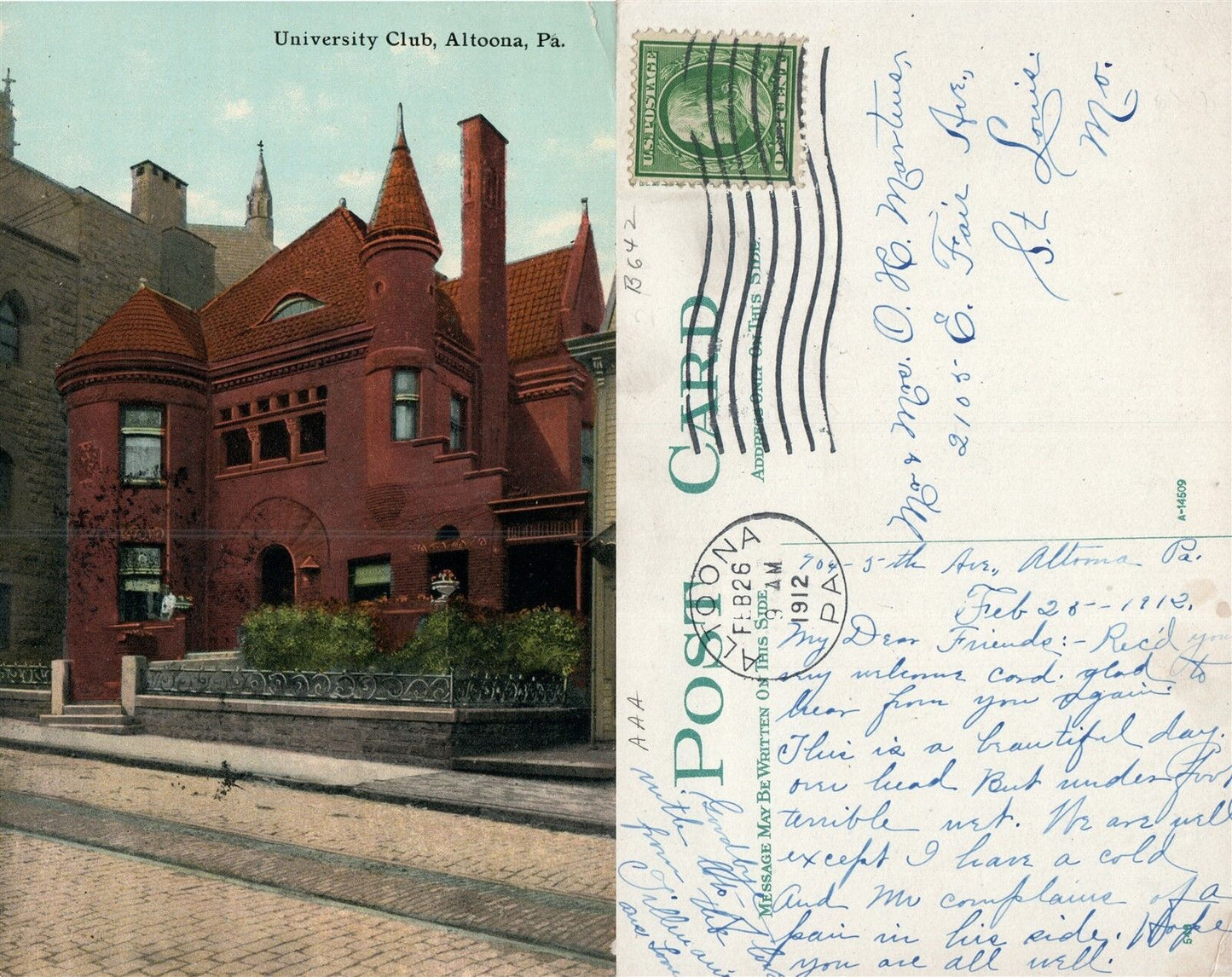 ALTOONA PA UNIVERSITY CLUB 1912 ANTIQUE POSTCARD