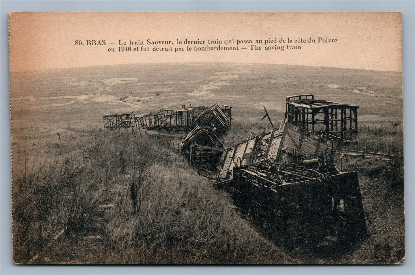 TRAIN AFTER BOMBING 1916 WWI ANTIQUE POSTCARD railway