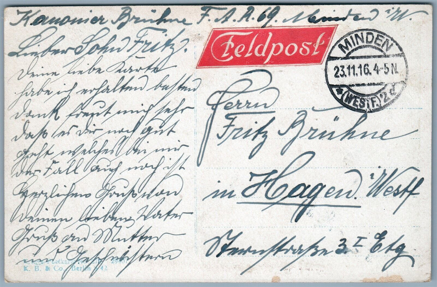 GERMAN WWI MILITARY FELDPOST 1916 ANTIQUE POSTCARD BEI DER ARBEIT