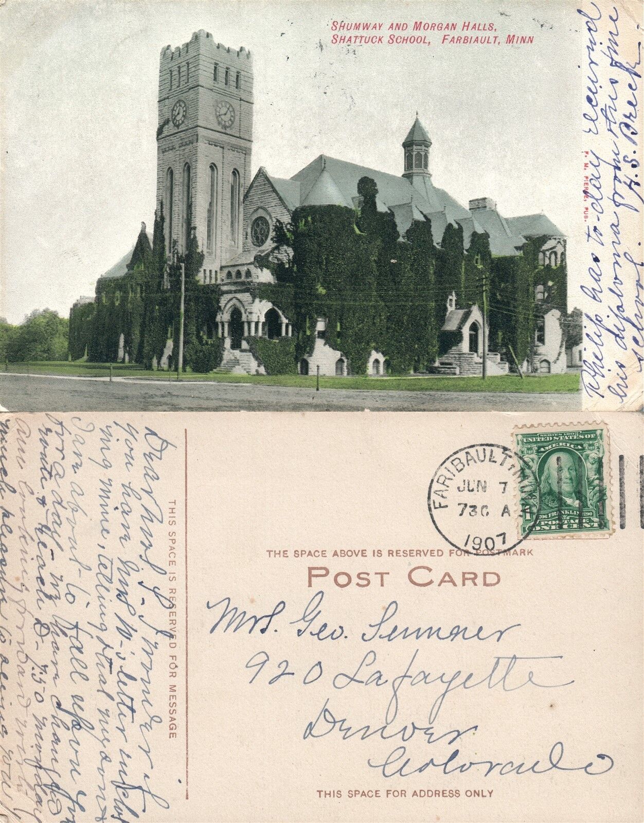 FARBIAULT MN SHATTUCK SCHOOL SHUMWAY & MORGAN HALL 1907 ANTIQUE POSTCARD