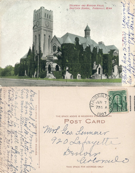 FARBIAULT MN SHATTUCK SCHOOL SHUMWAY & MORGAN HALL 1907 ANTIQUE POSTCARD