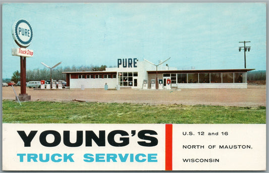 MAUSTON WI YOUNG'S TRUCK & GAS STATION VINTAGE POSTCARD