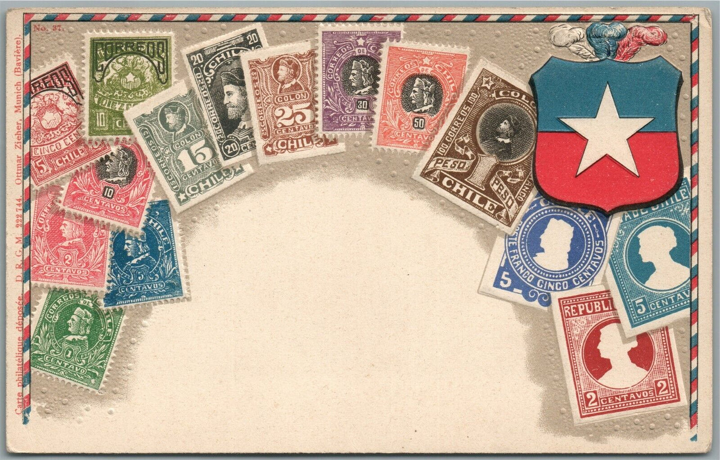 PHILATELIC CHILE STAMPS EMBOSSED ANTIQUE POSTCARD