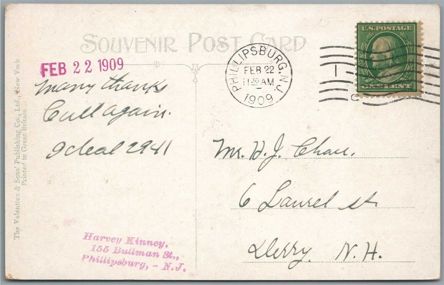 PHILLIPSBURG NJ SOUTH MAIN STREET 1909 ANTIQUE POSTCARD