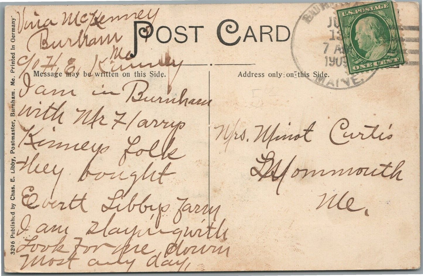 BURNHAM ME AVAILABLE WATER POWER ANTIQUE POSTCARD