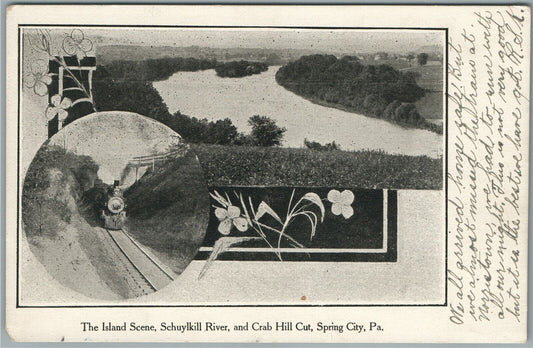 SPRING CITY PA ISLAND SCENE w/ TRAIN GRAB HILL CUT ANTIQUE POSTCARD