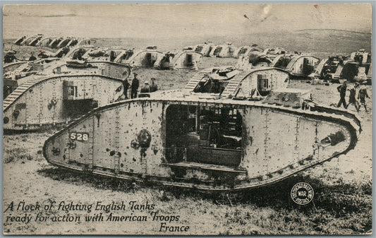 ENGLISH WWI TANKS FIGHTING w/ AMERICAN TROOPS in FRANCE ANTIQUE POSTCARD