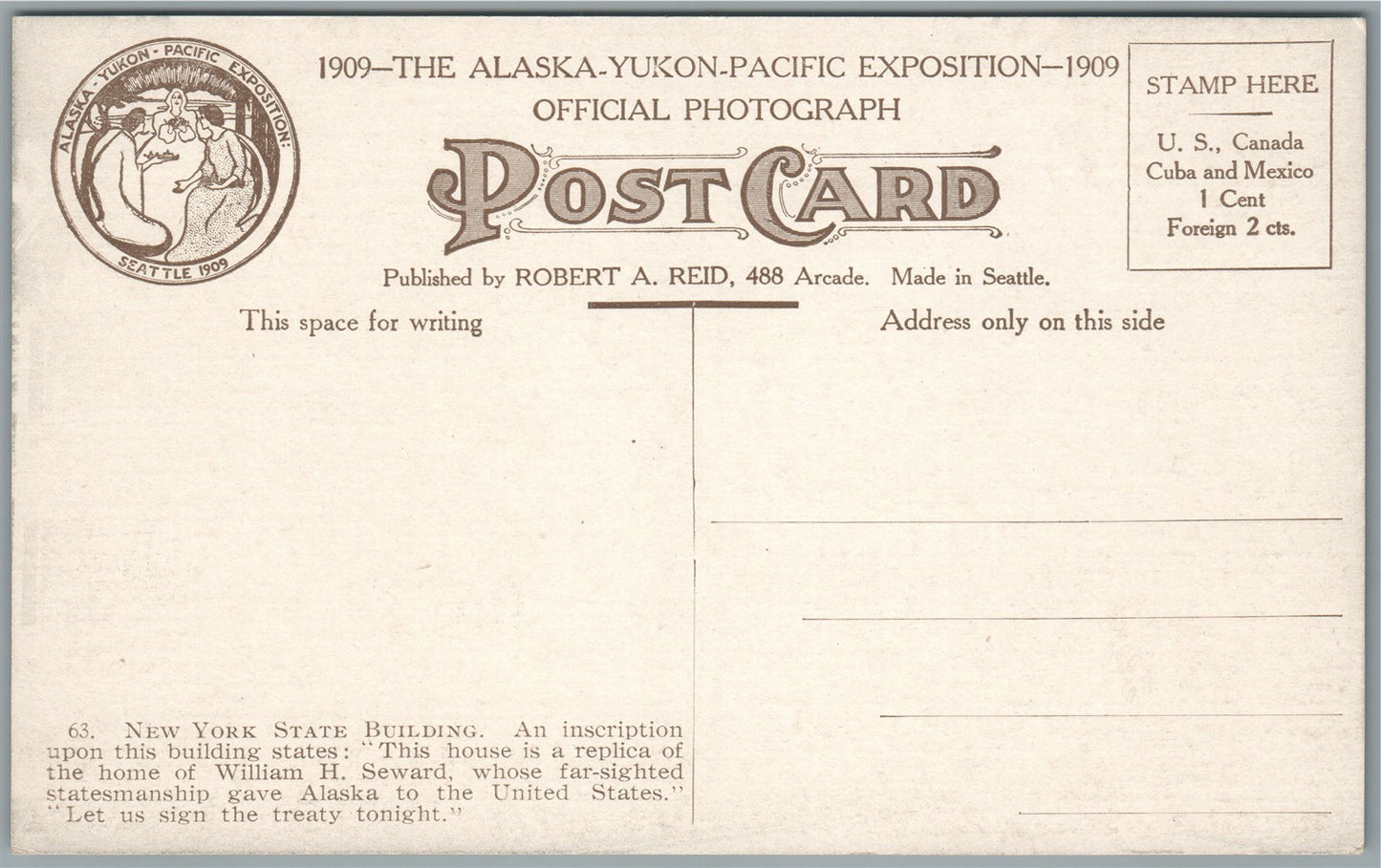 SEATTLE WA 1909 ALASKA YUKON PACIFIC EXPOSITION NEW YORK BLDG ANTIQUE POSTCARD
