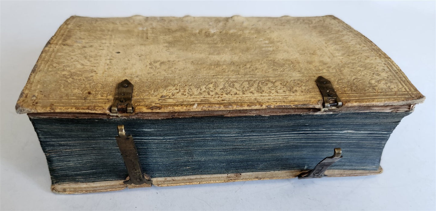 1610 BIBLE COMMENTARY by PETRUS AUREOLI antique BLIND STAMPED PIGSKIN w/ CLASPS