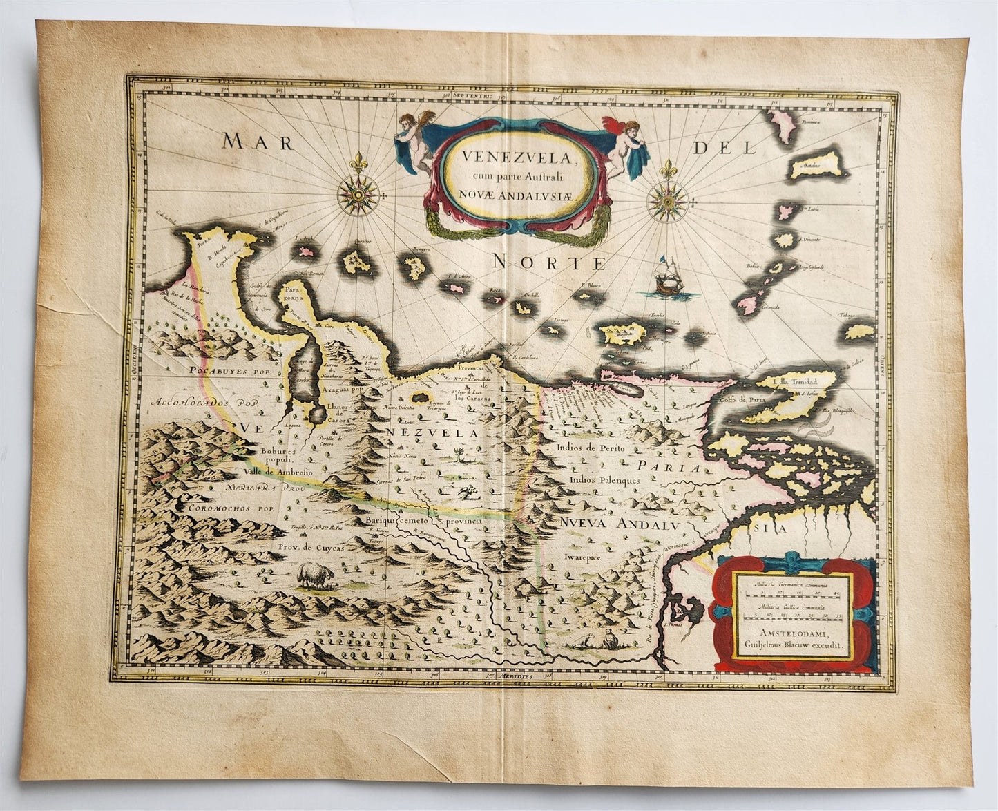 1640 MAP of VENEZUELA by WILLEM BLAEU antique AUTHENTIC hand colored