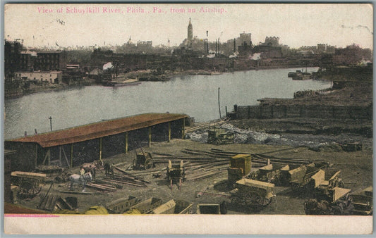 PHILADELPHIA PA RIVER VIEW FROM AIRSHIP ANTIQUE POSTCARD