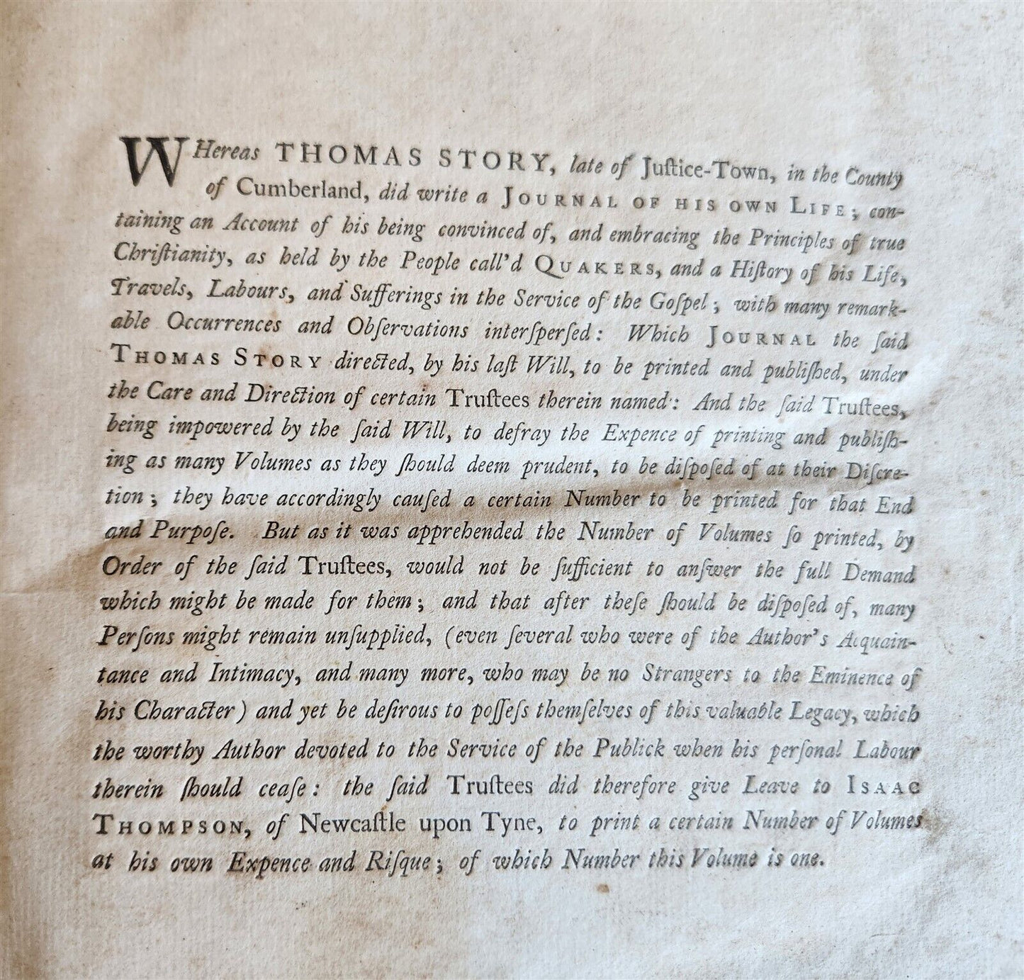 1747 QUAKERS HISTORY antique FOLIO A Journal of Life of Thomas Story IN ENGLISH