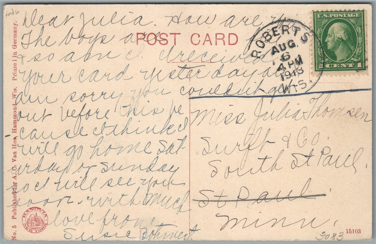 HAMMOND WI LOWER MAIN STREET ANTIQUE POSTCARD