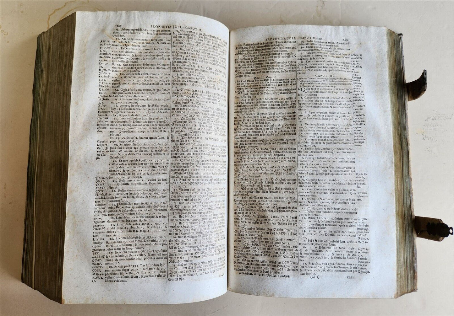 1737 BIBLE in GERMAN & LATIN antique MASSIVE FOLIO PIGSKIN BOUND 10 x 15"