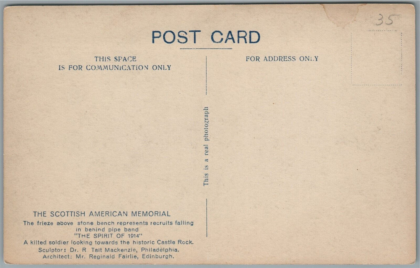 SCOTTISH AMERICAN WWI MEMORIAL in EDINBURGH ANTIQUE REAL PHOTO POSTCARD RPPC