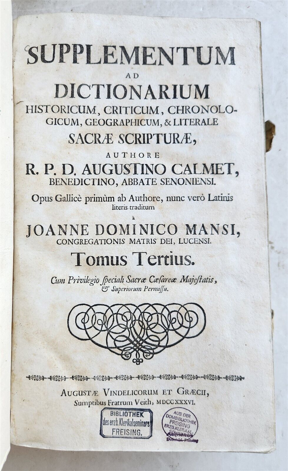 1736 AUGUSTINO CALMET antique BLIND STAMPED PIGSKIN BOUND FOLIO