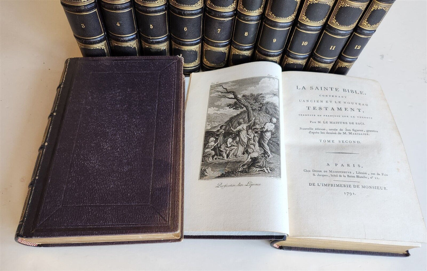 1789 BIBLE in FRENCH ILLUSTRATED w/ 300 PLATES 12 VOLUMES SET antique